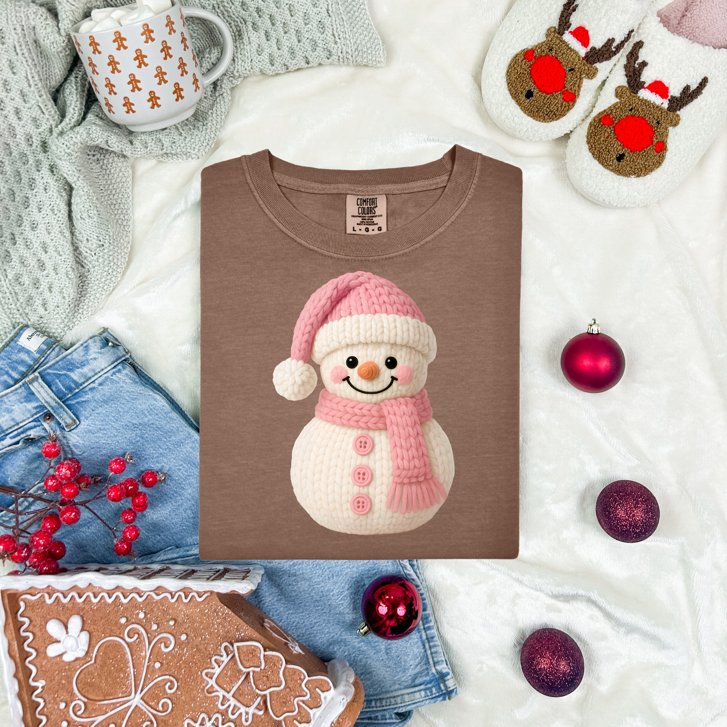 Pink Snowman Faux Yarn DTF Transfer