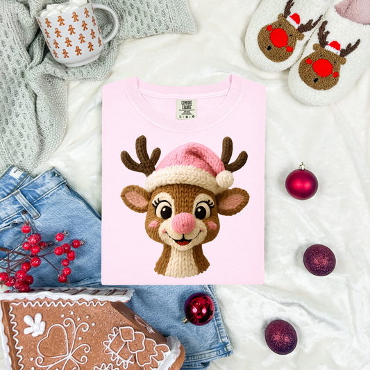 Pink Reindeer Faux Yarn DTF Transfer