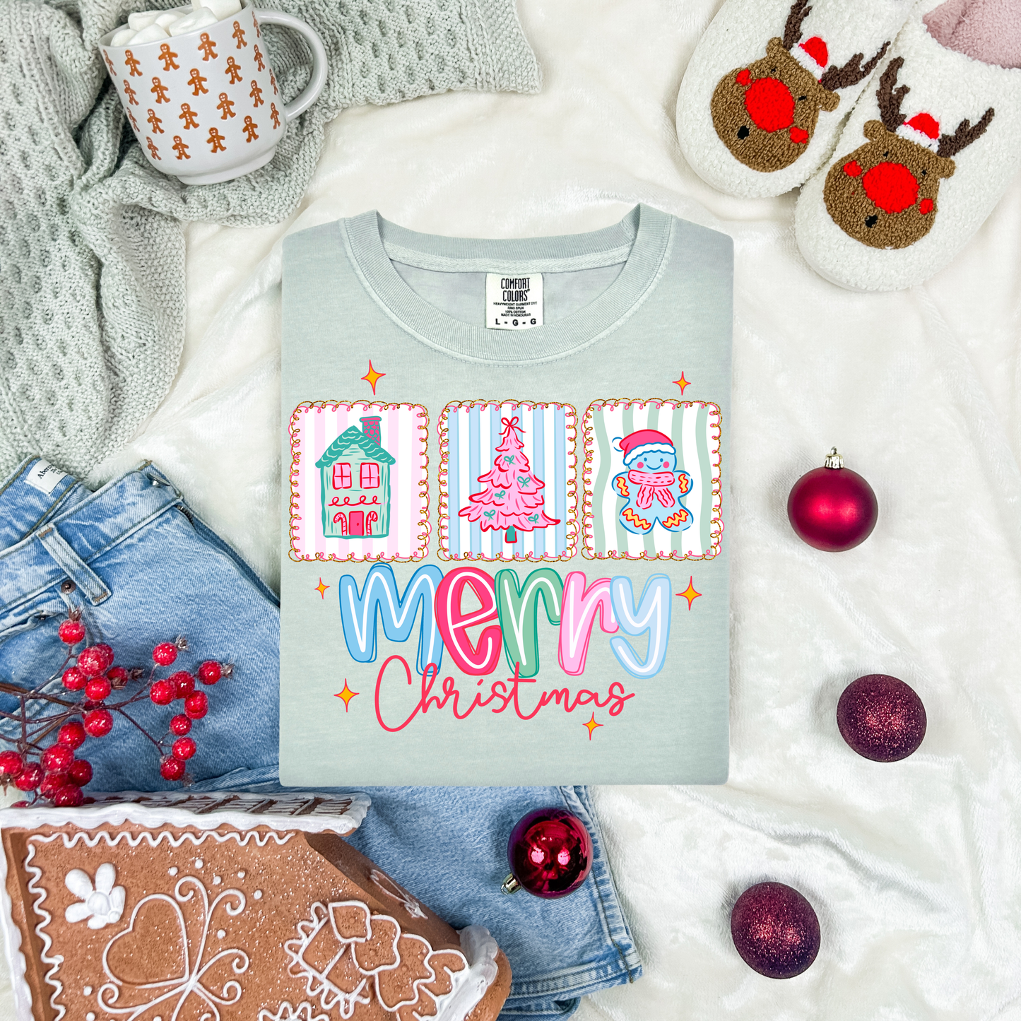 Merry Christmas with Tree and Gingerbread man Coquette DTF Transfer